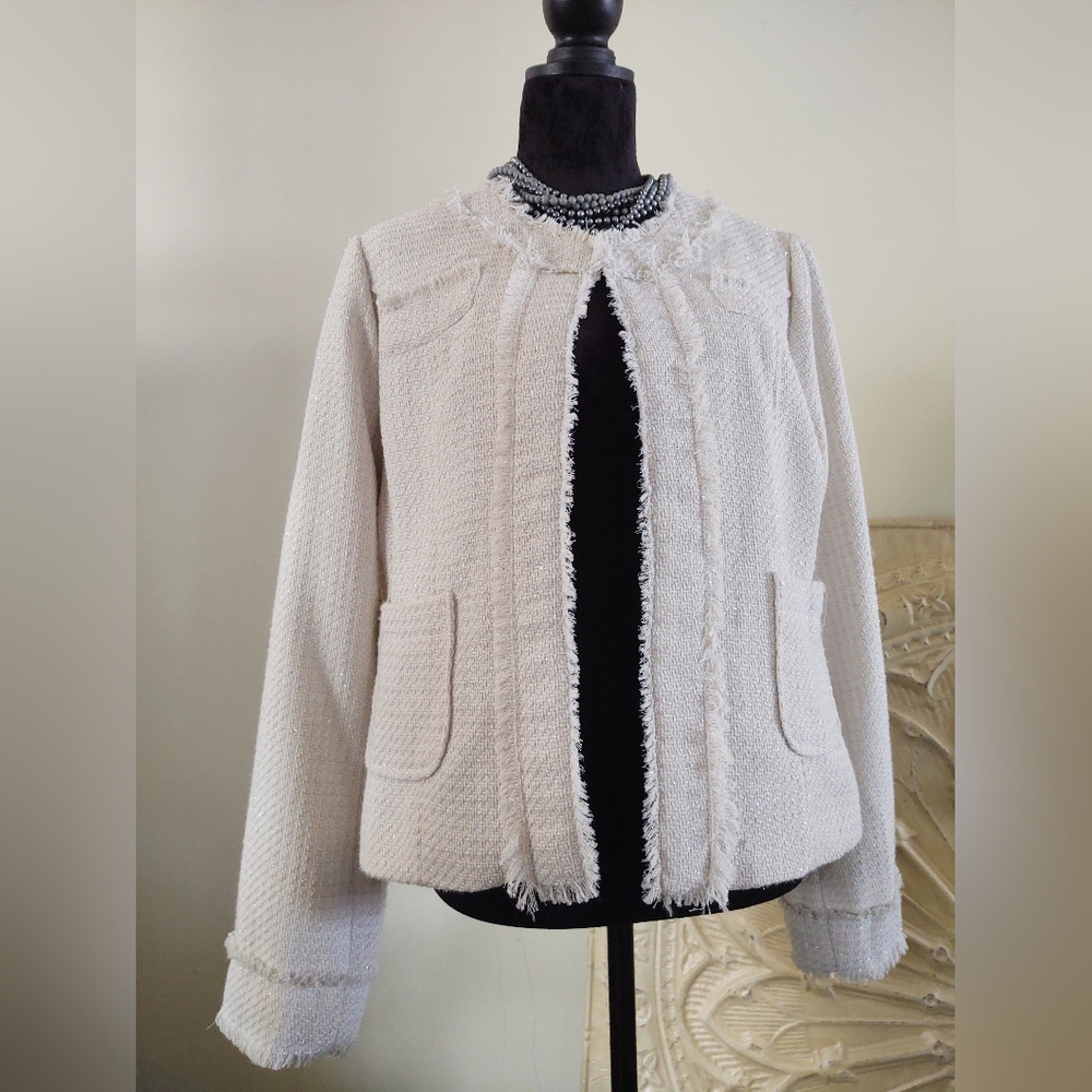 C2 Studio Creamy-White Eyelash Fringe Trim Blazer-Jacket~ Size: xl